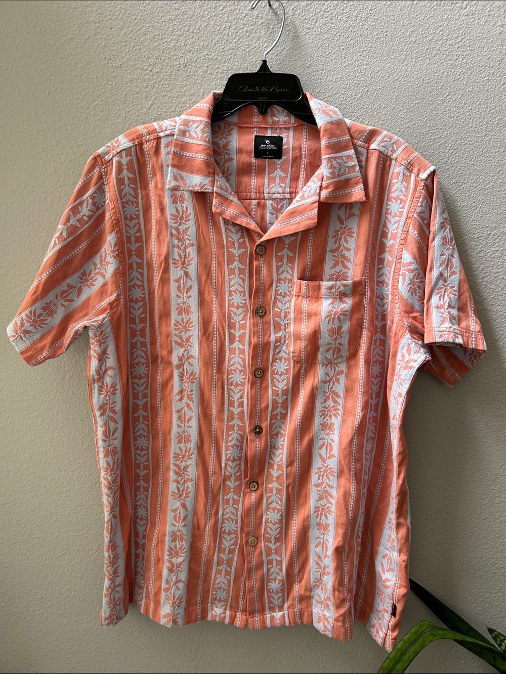 Rip Curl Coral and Light Gray Embroidered Striped Floral Button-Up Shirt L